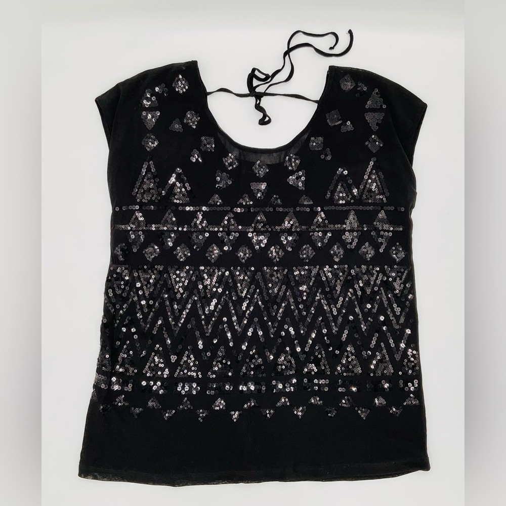 INC Black Sheer Sequined Top with Removable Camisole Size Small